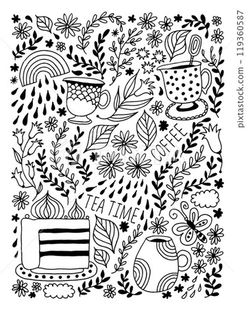 Flowers and leafs vector illustration, with tea and coffee cups, branches, rainbow, clouds, floral background Flowers and leafs vector illustration, with tea and coffee cups, branches, rainbow, clouds, floral background 119360587