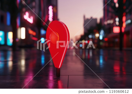 A glowing red map marker standing on a city street at night with colorful neon lights and reflections 119360612