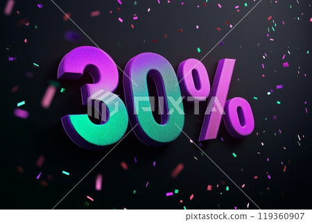 Glittery purple and green 30% OFF text surrounded by colorful confetti on a dark background 119360907