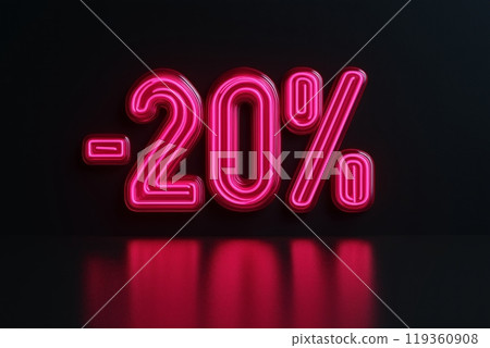 A glowing red neon 20% sign brightly lit against a black backdrop with a sleek reflection 119360908