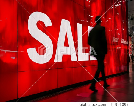 Bold red sale sign with white letters, featuring a pedestrian silhouette against a glossy backdrop 119360951