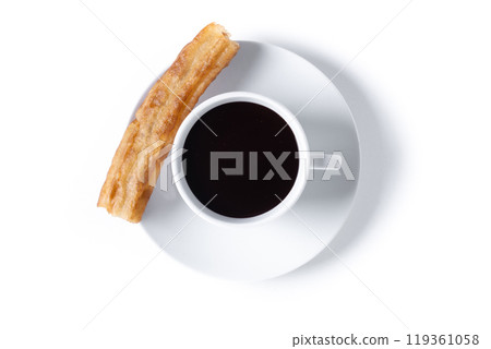 Hot chocolate with churros isolated on whtie background 119361058