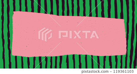 Rustic rectangle text box with grunge torn edges on a striped pattern background. Vector illustration of rough ripped pink rectangle on a striped background. Ideal for collages and stickers 119361103
