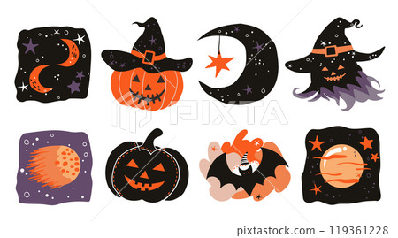 Set of isolated cute Halloween decoration elements for sticker, badge, tag or label on a transparent background, Volume 11: Black, purple and orange color tones. 119361228