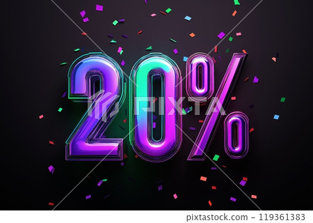 Metallic and neon 20% OFF text with vibrant confetti, glowing on a dark background with reflections Metallic and neon 20% OFF text with vibrant confetti, glowing on a dark background with reflections 119361383