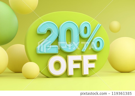 Soft green and blue 20% off message on a round lime green background with playful yellow spheres Soft green and blue 20% off message on a round lime green background with playful yellow spheres 119361385