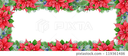 Christmas season floral frame decor. Vintage style illustration. Hand drawn bright Christmas decoration from conifer, eucalyptus, poinsettia flower, juniper. Winter festive frame on white background 119361486