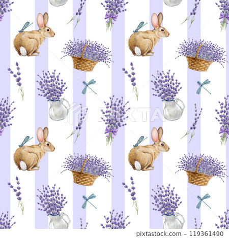 Springtime romantic seamless pattern with bunny and lavender flowers. Watercolor vintage style illustration. Hand drawn cute bunny with lavender elements in tender colors for printing, textile design 119361490