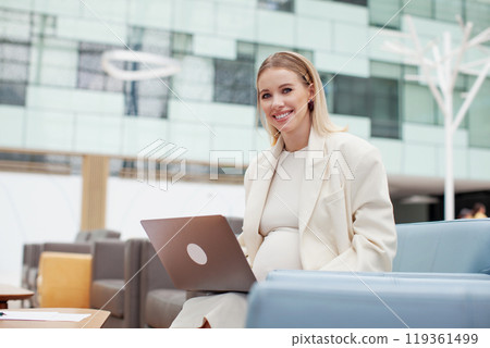 Portrait successful happy smiling pregnant businesswoman working indoors with a laptop. Pregnant woman in office space, Empowered female leader exuding confidence and determination Portrait successful happy smiling pregnant businesswoman working indoors with a laptop. Pregnant woman in office space, Empowered female leader exuding confidence and determination 119361499