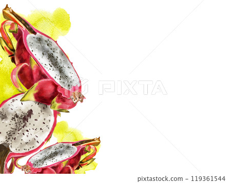 Pitaya slices, watercolor stain. Hand drawn watercolor illustration of ripe exotic dragon fruit for background, card, design Pitaya slices, watercolor stain. Hand drawn watercolor illustration of ripe exotic dragon fruit for background, card, design 119361544