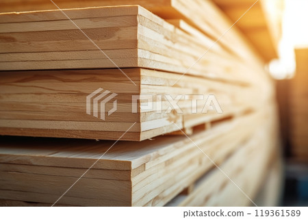Neatly stacked wooden panels with smooth surfaces, shown in warm light with precise layering 119361589