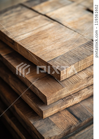 A close up view of stacked wood planks with a visible rough grain and natural texture 119361602