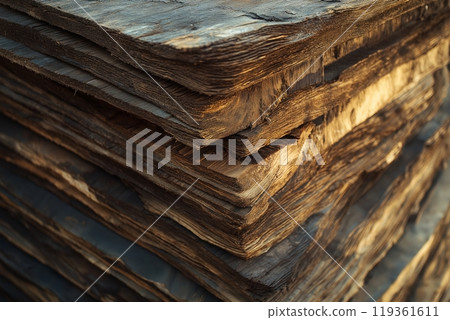A stack of aged wooden sheets with a rough, weathered texture, showing natural wear and tear 119361611