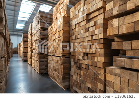 Long, tall stacks of cut wood filling a warehouse space, with smooth beams of various sizes 119361623