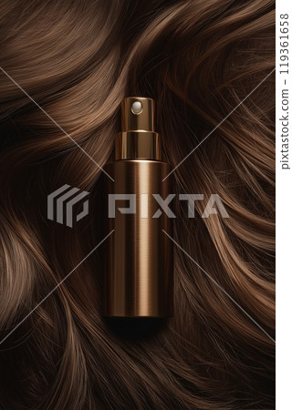 A golden spray bottle nestled in sleek brunette hair, with waves of silky, healthy hair surrounding it 119361658