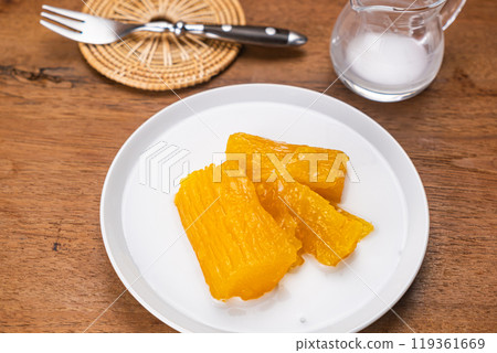 High angle view of delicious homemade cassava or tapioca in syrup. 119361669