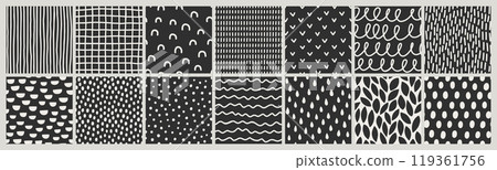 Organic Texture Seamless Patterns Set. Abstract Vector Background in Scandinavian Style. Raindrops, Wavy Lines and Polka Dots in Black and White Colors for Print on Fabric, Package, Covers 119361756