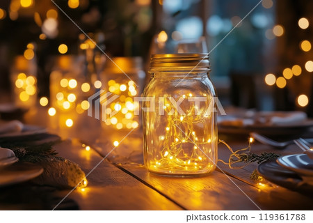Multiple mason jars with fairy lights glowing on a rustic wooden table during the evening 119361788