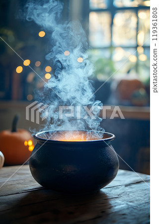 A cauldron releases swirling steam in a cozy setting, with pumpkins and warm ambient lighting 119361808