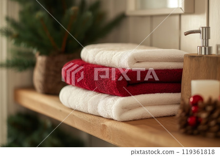 Folded towels in white and red on a wooden shelf with pine accents, creating a cozy bathroom setting 119361818