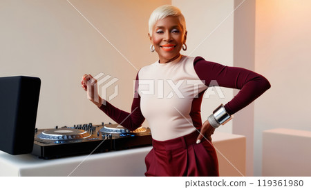 old woman with colored hair behind a DJ booth 119361980