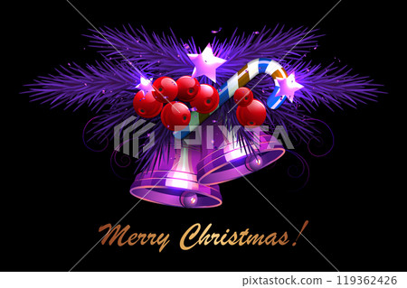Isolated design component. Christmas composition of fir branches, bells of purple gradient 119362426