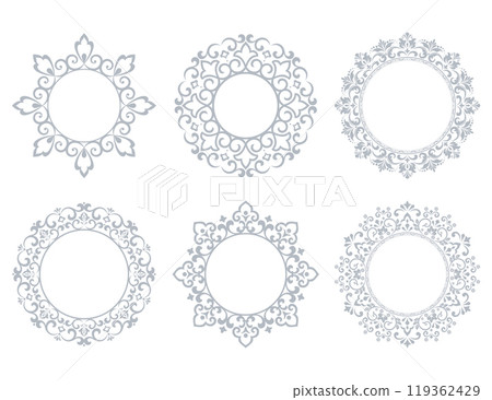 Set of decorative frames Elegant vector element for design in Eastern style, place for text. Floral gray and white borders. Lace illustration for invitations and greeting cards Set of decorative frames Elegant vector element for design in Eastern style, place for text. Floral gray and white borders. Lace illustration for invitations and greeting cards 119362429
