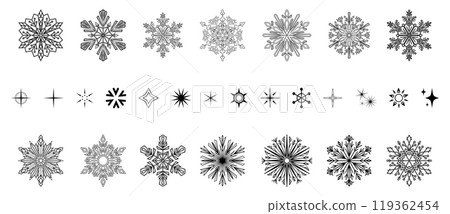 Snowflakes icon collection. Graphic modern black and white ornament. Snowflakes icon collection. Graphic modern black and white ornament. 119362454