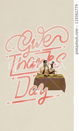 Poster. Contemporary art collage. Old-school design. Cheerful couple at Thanksgiving dinner table, with vintage tones. Turkey and pumpkins give it nostalgic family feel Poster. Contemporary art collage. Old-school design. Cheerful couple at Thanksgiving dinner table, with vintage tones. Turkey and pumpkins give it nostalgic family feel 119362779