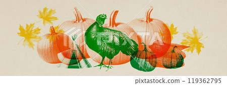 Poster. Contemporary art collage. Warm thanksgiving greeting card. Turkey with bold pumpkin graphics in retro color scheme. Poster. Contemporary art collage. Warm thanksgiving greeting card. Turkey with bold pumpkin graphics in retro color scheme. 119362795