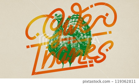 Poster. Contemporary art collage. Turkey and pumpkin blended with vintage style and bright typography to celebrate holiday in style. 119362811