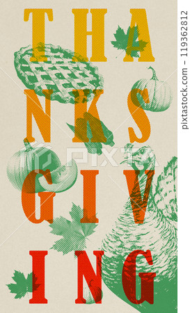 Poster. Contemporary art collage. Bold mix of turkeys, pumpkins, and pie graphics, creating upbeat and dynamic Thanksgiving visual for marketing or event materials. Poster. Contemporary art collage. Bold mix of turkeys, pumpkins, and pie graphics, creating upbeat and dynamic Thanksgiving visual for marketing or event materials. 119362812