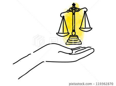 Rough hand-drawn simple line drawing of a scale of justice and a hand 119362870