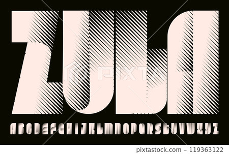 Geometric striped alphabet, retro modern display font, bold logo type with 3D effect, impactful headline typography, sharp and dynamic poster design. Vector typeset. 119363122