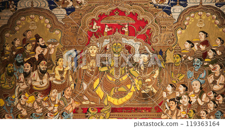 Close-up view on Ramapattabhisheka tableau. scene has Rama and Sita on throne. couple is flanked by Ramas brothers, Vibhishana, allies, rishis, kings, and noblemen 119363164