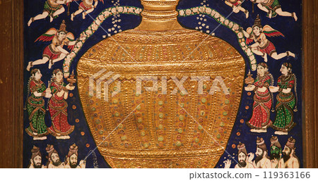 Amrita Kalasha -pot Of Nectar-. Pot Of Eternity Depicted In Painting Represents Puranic Story Of Garudas Victory Over Indra, King Of The Gods, And Restoration Of Amrit Kalasha. This Refers To full 119363166