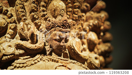 Bhairava, Popular God In Nepal, Is Ferocious Form Of Shiva. He Assumes This Form To Destroy Evil. Wooden Statue Of Mahabhairava. Large And Impressive Heads Of Bhairava Adorning The Entrances Of 119363208