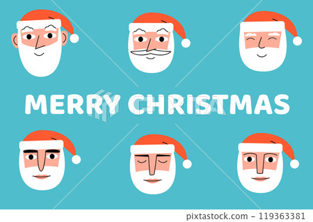 Santa Claus faces. Merry Christmas text. Santa Claus faces. Merry Christmas text. 119363381