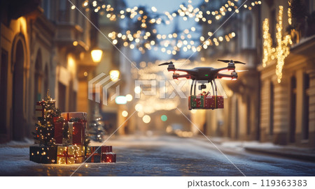 Delivery drone flies with Christmas present on a city street decorated for Christmas 119363383