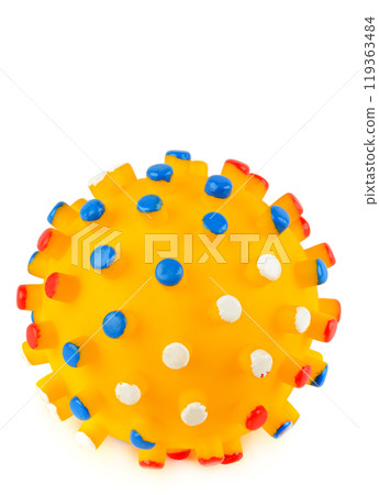 Dog toy ball isolated on white. Free space for text. Vertical photo. Dog toy ball isolated on white. Free space for text. Vertical photo. 119363484