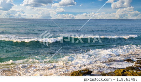 View of an Indian Ocean lagoon with tropical vegetation on the shore, a sandy beach and a coral reef. Sri Lanka. 119363485