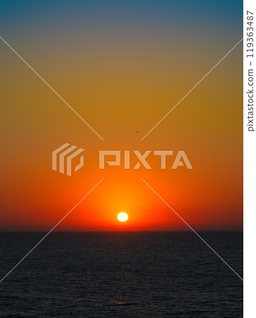 Sea and bright sunrise. Vertical photo. Sea and bright sunrise. Vertical photo. 119363487