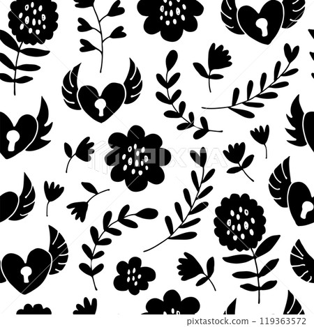 Flying hearts seamless pattern, hand drawn hearts, locks, flowers, leafs, polka dots love illustration 119363572