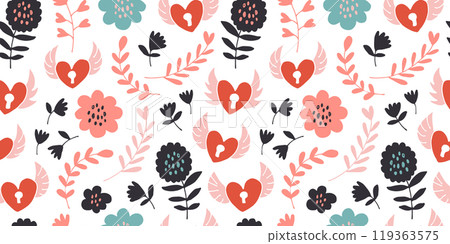 Flying hearts seamless pattern, hand drawn hearts, locks, flowers, leafs, polka dots love illustration 119363575