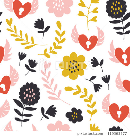 Flying hearts seamless pattern, hand drawn hearts, locks, flowers, leafs, polka dots love illustration Flying hearts seamless pattern, hand drawn hearts, locks, flowers, leafs, polka dots love illustration 119363577
