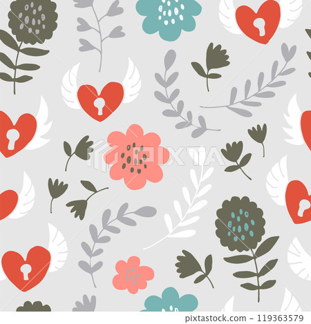 Flying hearts seamless pattern, hand drawn hearts, locks, flowers, leafs, polka dots love illustration Flying hearts seamless pattern, hand drawn hearts, locks, flowers, leafs, polka dots love illustration 119363579
