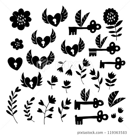 Flying hearts and keys set, hand drawn hearts, keys, flowers, leafs, polka dots love illustration Flying hearts and keys set, hand drawn hearts, keys, flowers, leafs, polka dots love illustration 119363583