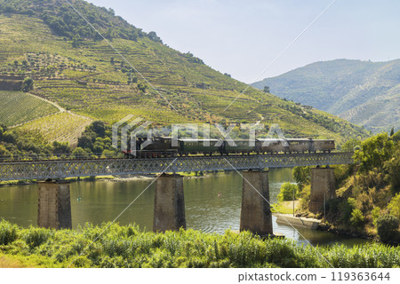 Steam train on railway bridge (Ponte Ferroviaria do Tua), Tua, Alto Douro, Portugal Steam train on railway bridge (Ponte Ferroviaria do Tua), Tua, Alto Douro, Portugal 119363644