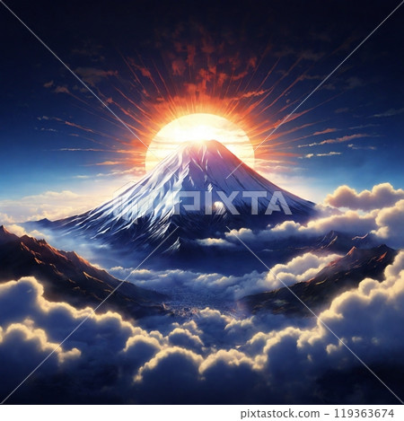 富士山的第一縷日出，象徵著好運和希望 119363674