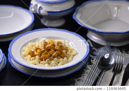 Traditional czech dish, chicken with paprika creamy sauce with pasta - typical for czech or middle europe. Traditional czech dish, chicken with paprika creamy sauce with pasta - typical for czech or middle europe. 119363695
